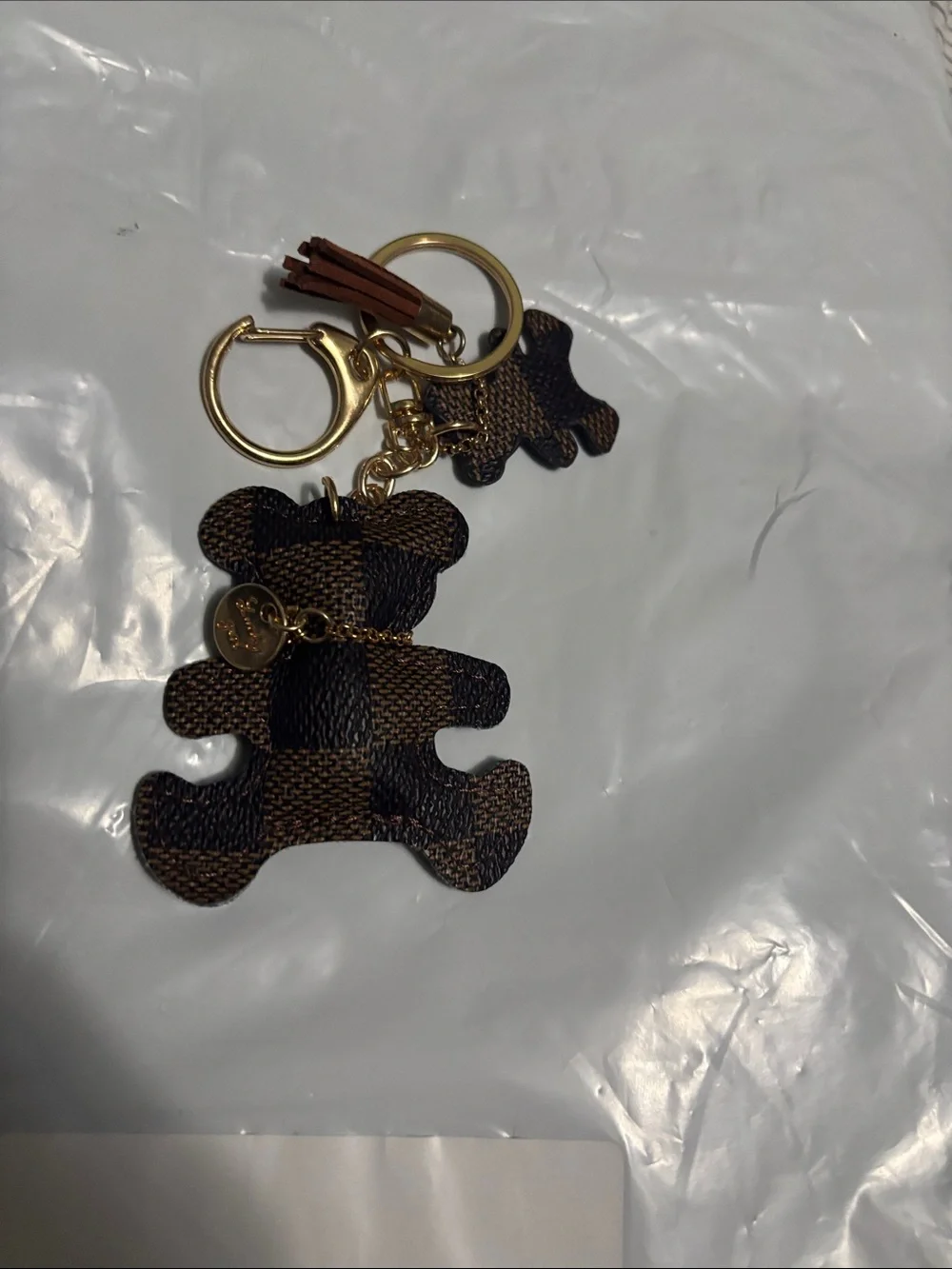 Brown Checkered Teddy Bear Keychain with Gold Hardware